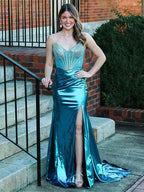 Peacock Blue Mermaid Sweetheart Beaded Long Prom Dress