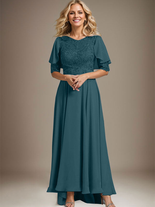 Robe de mère de la mariée en mousseline et dentelle asymétrique à encolure dégagée en ligne A avec perles
