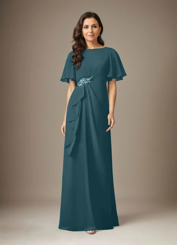 فستان شيفون ضيق مزين بالخرز بلون كحلي داكن