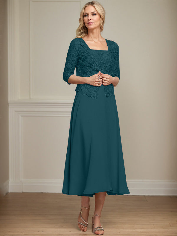 A-Linie Quadratisches Wadenlanges Chiffon-Spitzenkleid für die Brautmutter mit Pailletten und Perlen 