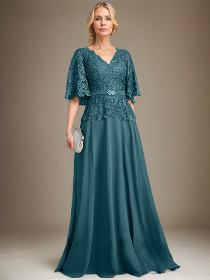A-Linie V-Ausschnitt Bodenlang Chiffon Spitze Mutter der Braut Kleid Mit Kristall Brosche Strass 