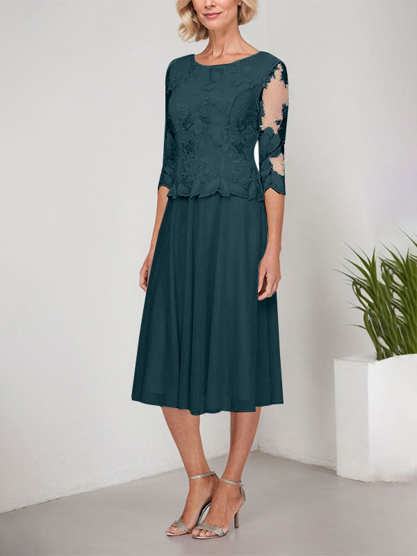 A-Linie U-Ausschnitt Wadenlang Spitzen Chiffon Mutter der Braut Kleid mit Stickerei 