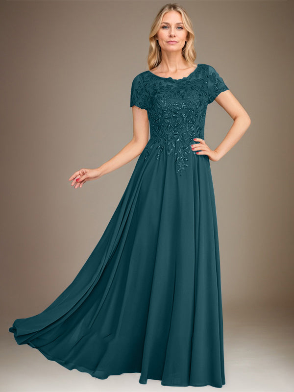 Robe de mère de la mariée en mousseline, longueur au sol, coupe en A, décolleté arrondi, ornée d'appliques et de paillettes