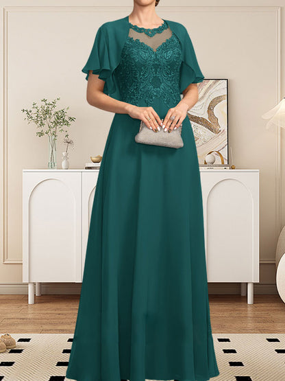 A-Linie, U-Ausschnitt, Illusion, bodenlanges Spitzen-Chiffon-Kleid für die Brautmutter mit Pailletten