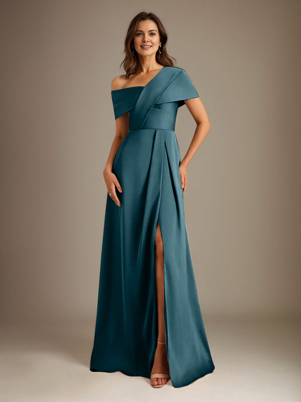 Robe de mère de la mariée en satin, longueur au sol, encolure asymétrique en ligne A avec plis
