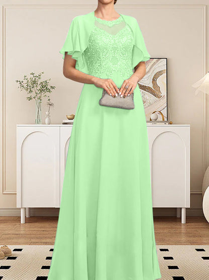A-Linie, U-Ausschnitt, Illusion, bodenlanges Spitzen-Chiffon-Kleid für die Brautmutter mit Pailletten