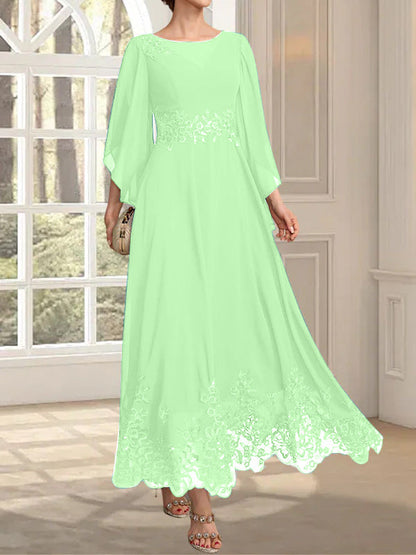 A-Linie, U-Ausschnitt, Illusion, knöchellang, Spitzen-Chiffon, Kleid für die Brautmutter mit Pailletten 