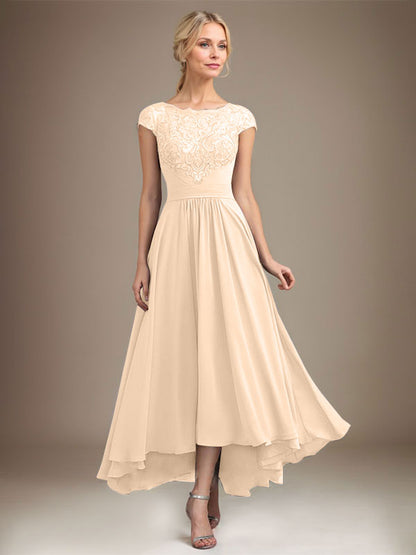 A-Linie U-Ausschnitt Illusion Asymmetrische Spitze Chiffon Mutter der Braut Kleid Mit Plissee 