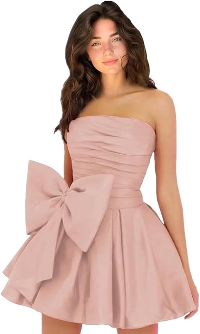 Vestidos de fiesta cortos y elegantes de corte A, sin mangas, sin tirantes, fruncidos, con cordones y lazo