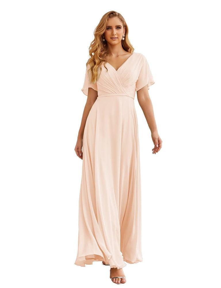 Vestido de Dama de Honra Longo de Chiffon com Decote em V e Cintura Envolvente para Convidados de Casamento  SEA28049