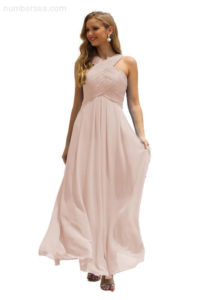Vestido de Dama de Honra Halter em Chiffon para Mulher, Modelo A-Line, Longo, Formal, para Baile de Finalistas SEA28015