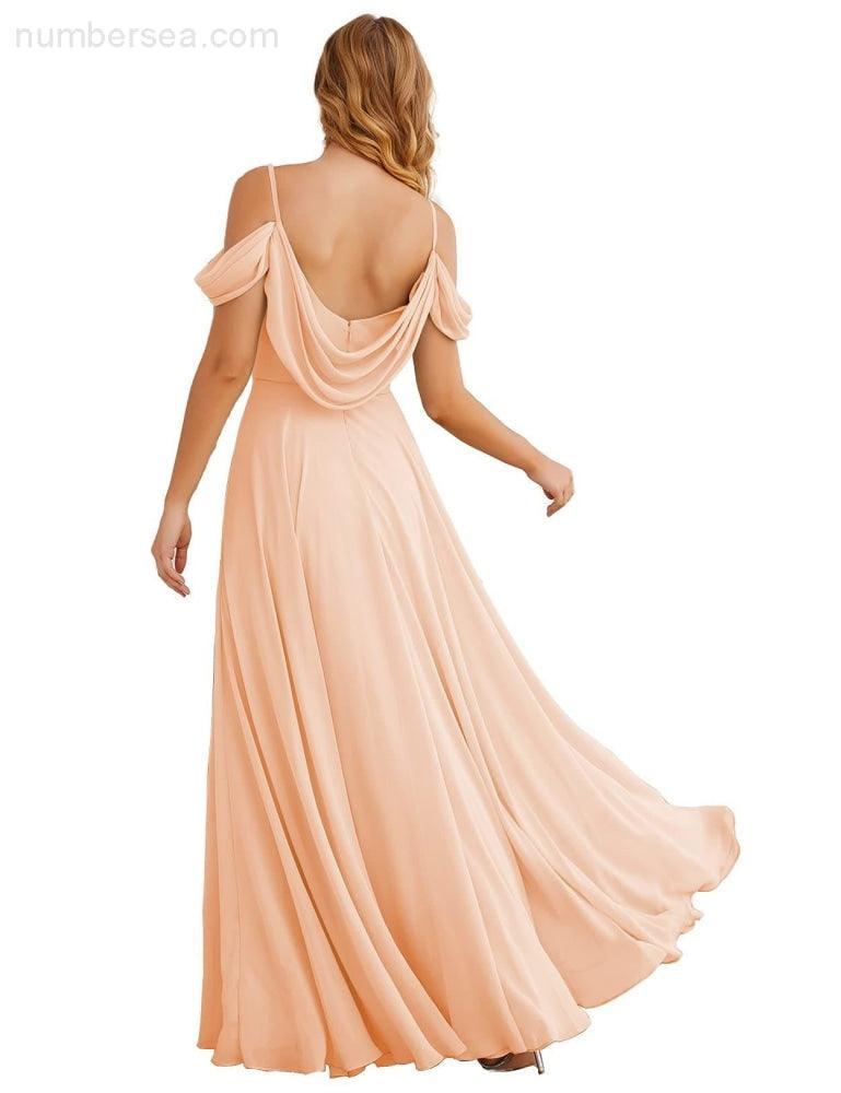 Abito da Sposa in Chiffon con Spalle Scoperte, Lungo e Maxi, per Damigelle, Cerimonia, Ballo e Feste per Donne  SEA28059