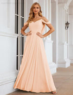 Abito da Sposa in Chiffon con Spalle Scoperte, Lungo e Maxi, per Damigelle, Cerimonia, Ballo e Feste per Donne  SEA28059