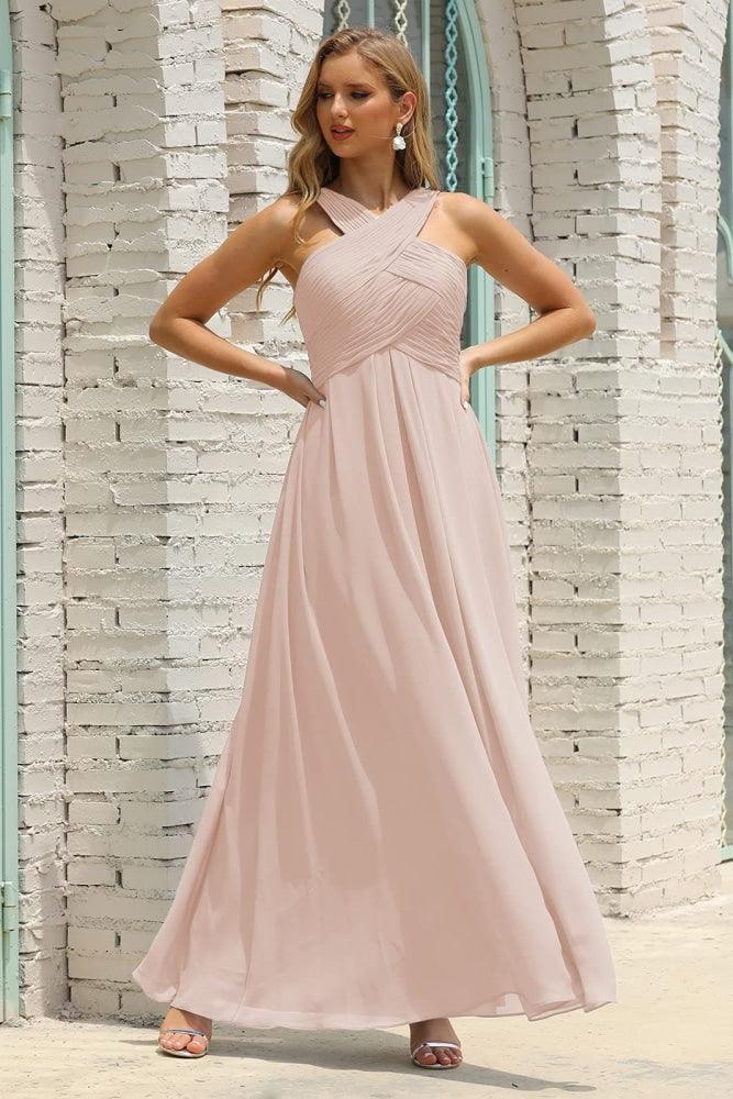 Vestido de Dama de Honra Halter em Chiffon para Mulher, Modelo A-Line, Longo, Formal, para Baile de Finalistas SEA28015