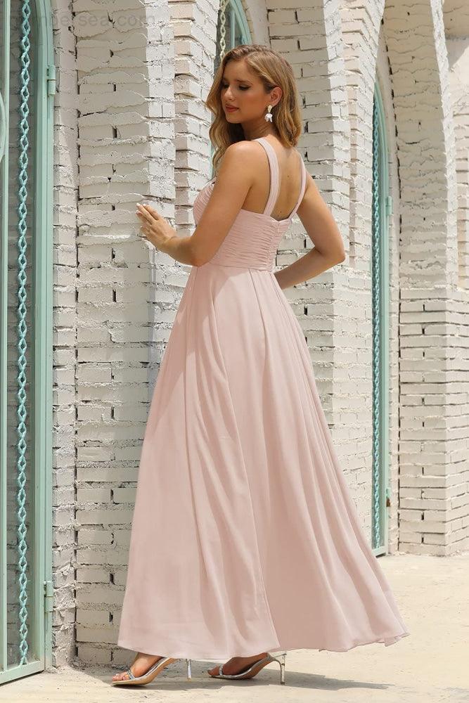 Vestido de Dama de Honra Halter em Chiffon para Mulher, Modelo A-Line, Longo, Formal, para Baile de Finalistas SEA28015