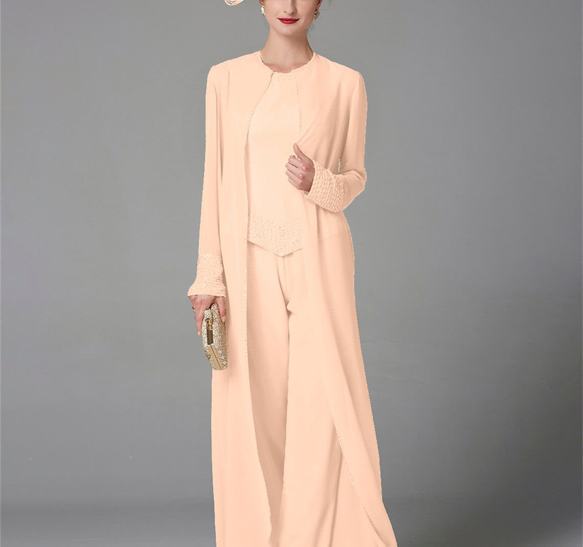 Mother Of The Bride Pantsuit With Jacket And Sequins Long Sleeve Chiffon