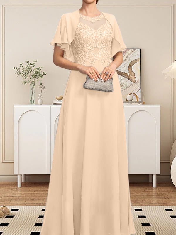 A-Linie, U-Ausschnitt, Illusion, bodenlanges Spitzen-Chiffon-Kleid für die Brautmutter mit Pailletten