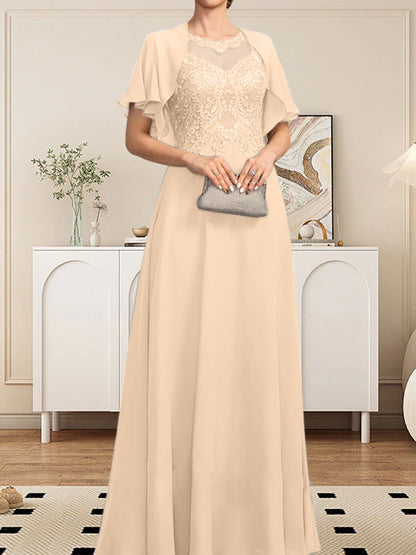 A-Linie, U-Ausschnitt, Illusion, bodenlanges Spitzen-Chiffon-Kleid für die Brautmutter mit Pailletten