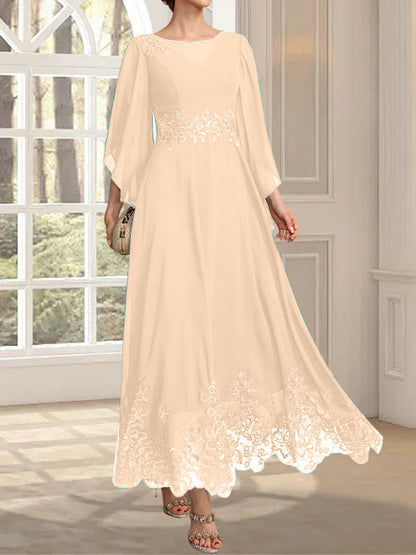 A-Linie, U-Ausschnitt, Illusion, knöchellang, Spitzen-Chiffon, Kleid für die Brautmutter mit Pailletten 