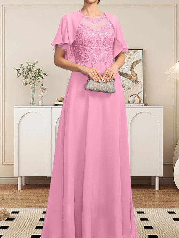 A-Linie, U-Ausschnitt, Illusion, bodenlanges Spitzen-Chiffon-Kleid für die Brautmutter mit Pailletten