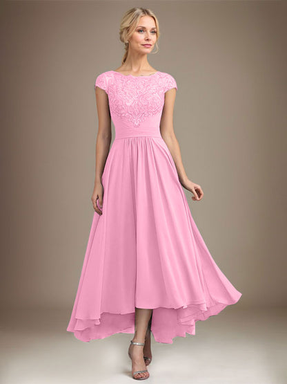 A-Linie U-Ausschnitt Illusion Asymmetrische Spitze Chiffon Mutter der Braut Kleid Mit Plissee 