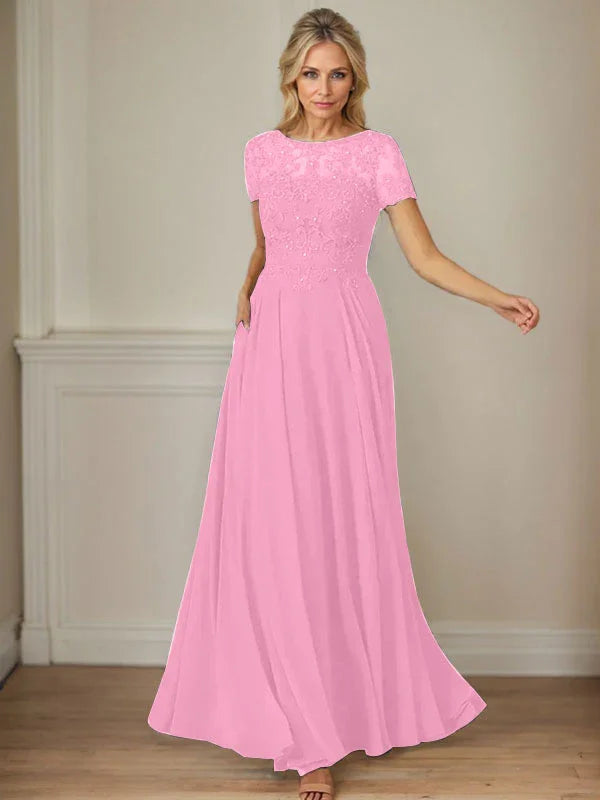 فستان شيفون كحلي داكن برقبة قارب وتطريز بالترتر على شكل حرف A