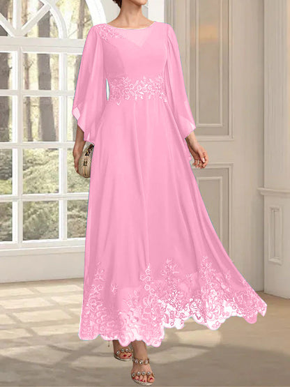 A-Linie, U-Ausschnitt, Illusion, knöchellang, Spitzen-Chiffon, Kleid für die Brautmutter mit Pailletten 