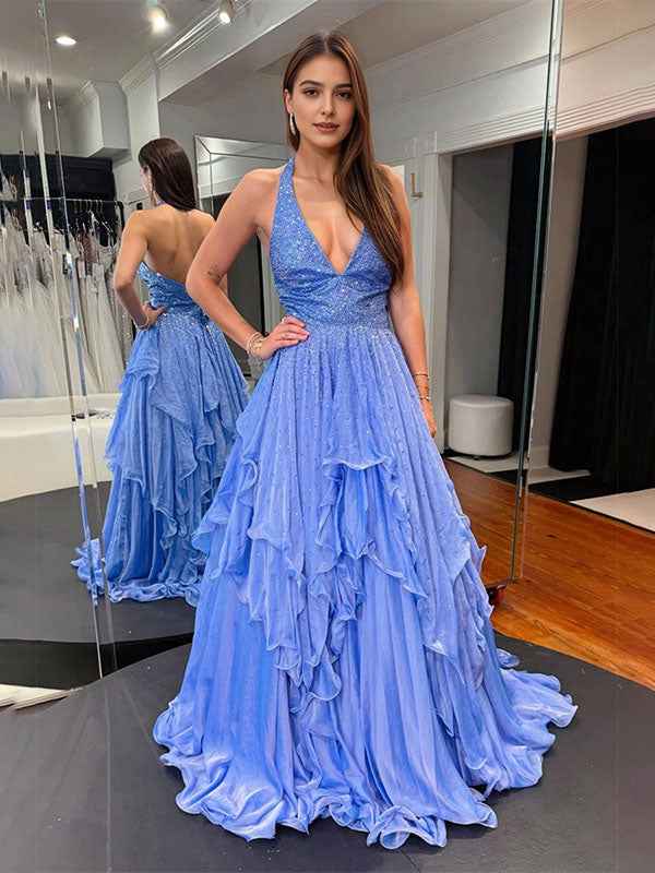 Periwinkle Sparkle Ruffled Halter Long Prom Dress With Crystals