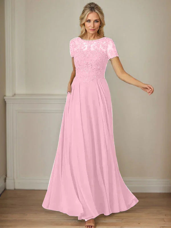 فستان شيفون كحلي داكن برقبة قارب وتطريز بالترتر على شكل حرف A