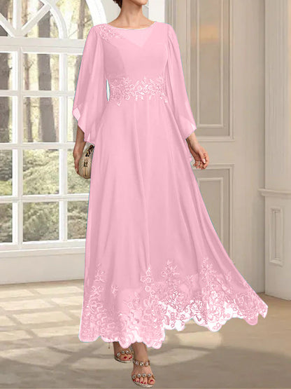 A-Linie, U-Ausschnitt, Illusion, knöchellang, Spitzen-Chiffon, Kleid für die Brautmutter mit Pailletten 