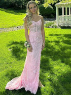 Blush Pink Mermaid Prom Dress With Spaghetti Straps And Appliques