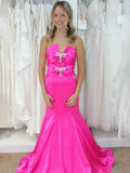 Pink Mermaid Satin Pleated Strapless Long Prom Dress With Bow
