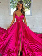 Pink A Line Pleated Cutout Open Back Prom Dress With Slit