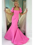 Pink Satin Mermaid Prom Dress With Puff Sleeves