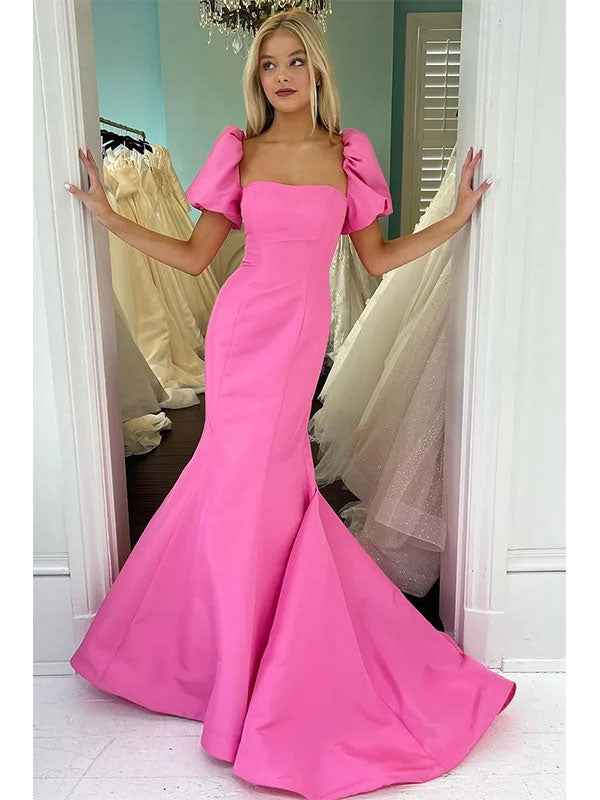 Pink Satin Mermaid Prom Dress With Puff Sleeves