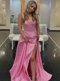 Blush Pink Satin V Neck Pleated Prom Dress With Slit Corset Bodice