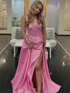 Blush Pink Satin V Neck Pleated Prom Dress With Slit Corset Bodice