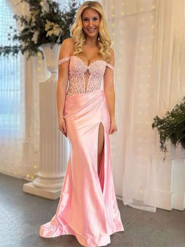 Orange Mermaid Off Shoulder Pleated Prom Dress With Sheer Corset Bodice