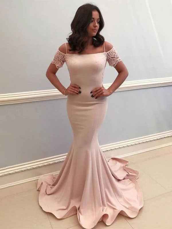 Blush Pink Mermaid Satin Prom Dress With Cold Shoulder Train