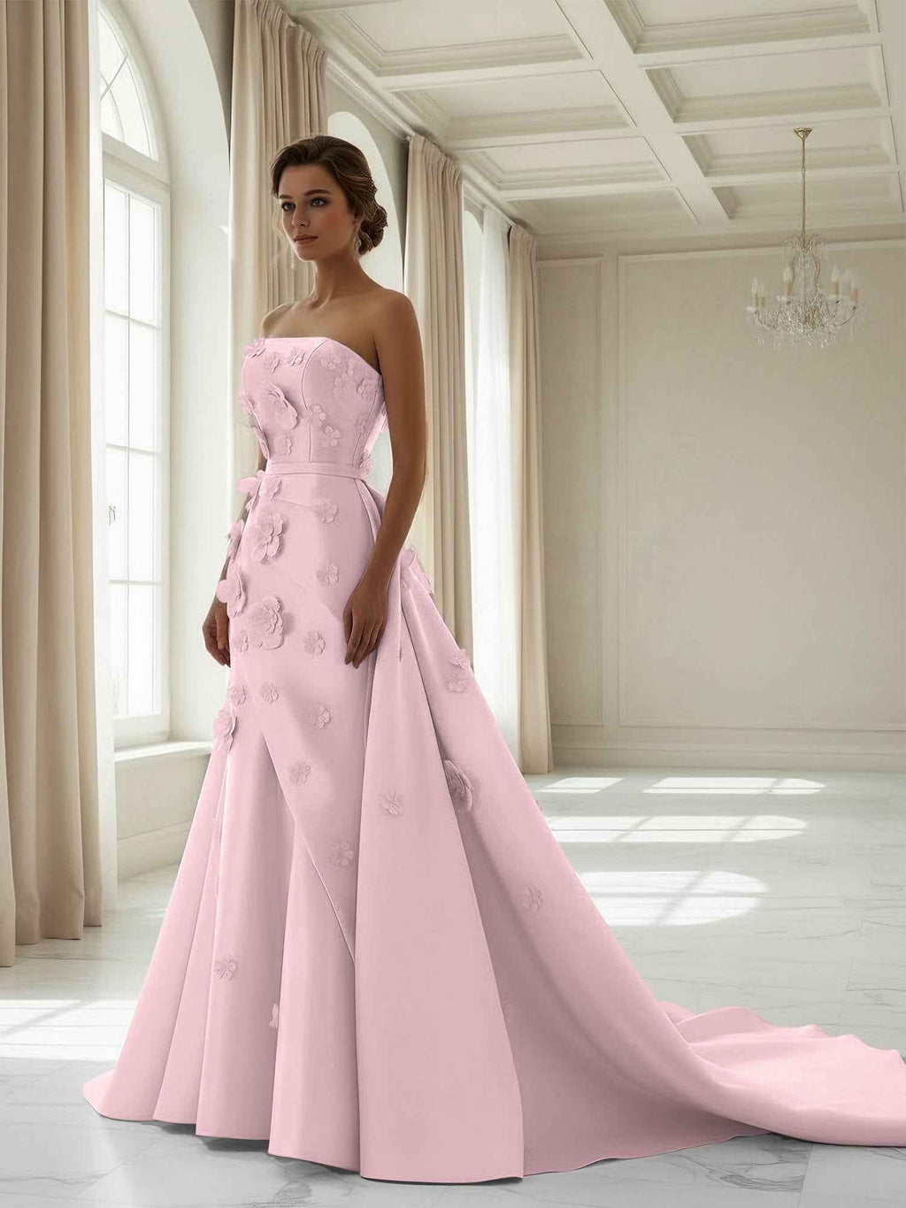Pink Satin A Line Strapless Prom Dress 3D Floral Appliques