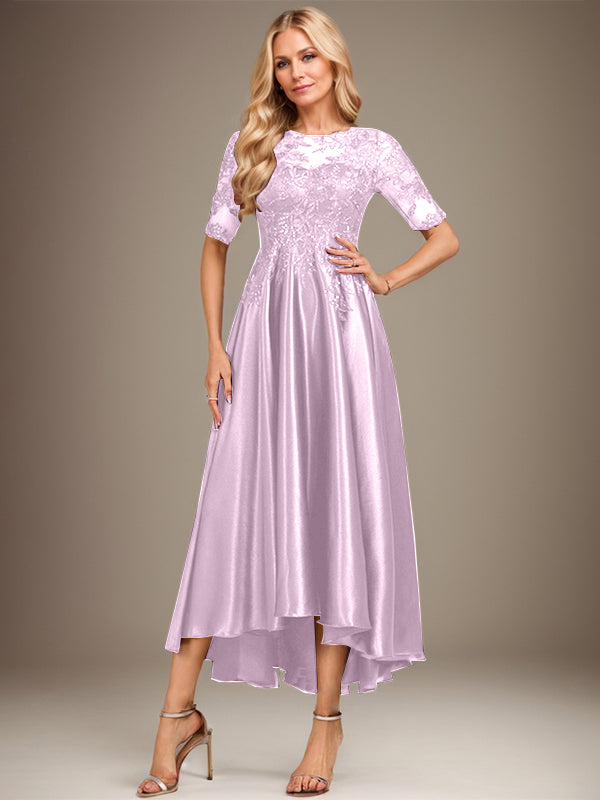A-Linie, U-Ausschnitt, Illusion, asymmetrisch, Stretch-Satin, Spitze, Kleid für die Brautmutter mit Pailletten 