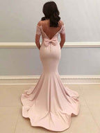 Blush Pink Mermaid Satin Prom Dress With Cold Shoulder Train