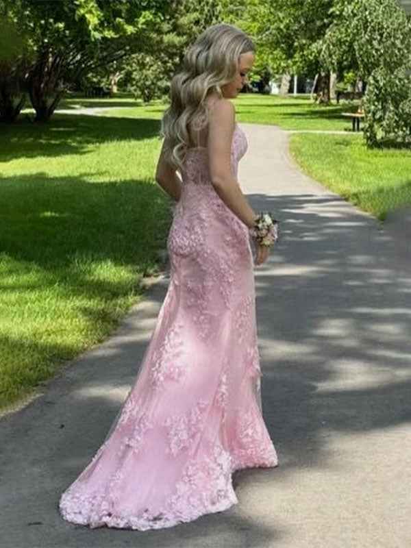 Blush Pink Mermaid Prom Dress With Spaghetti Straps And Appliques