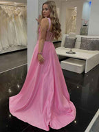 Blush Pink Satin V Neck Pleated Prom Dress With Slit Corset Bodice