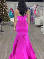 Pink Mermaid Satin Pleated Strapless Long Prom Dress With Bow