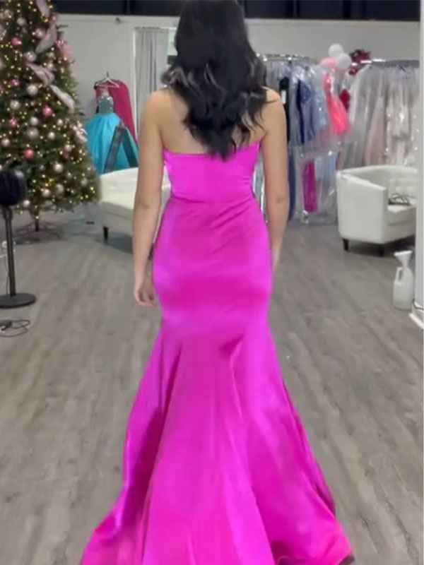 Pink Mermaid Satin Pleated Strapless Long Prom Dress With Bow