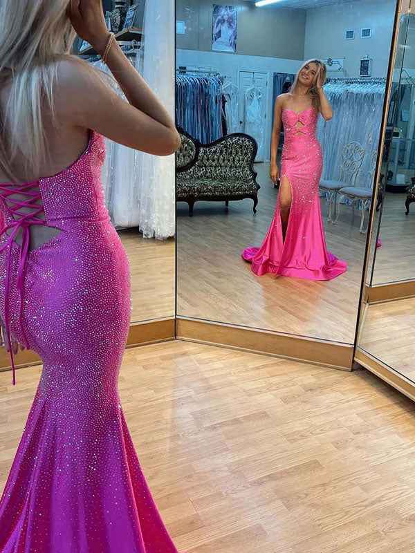 Light Yellow Mermaid Strapless Beaded Prom Dress With Keyholes