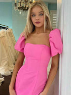 Pink Satin Mermaid Prom Dress With Puff Sleeves