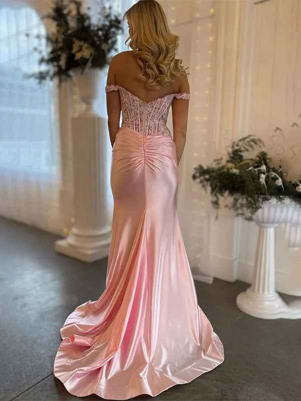 Orange Mermaid Off Shoulder Pleated Prom Dress With Sheer Corset Bodice
