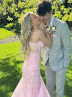 Blush Pink Mermaid Prom Dress With Spaghetti Straps And Appliques